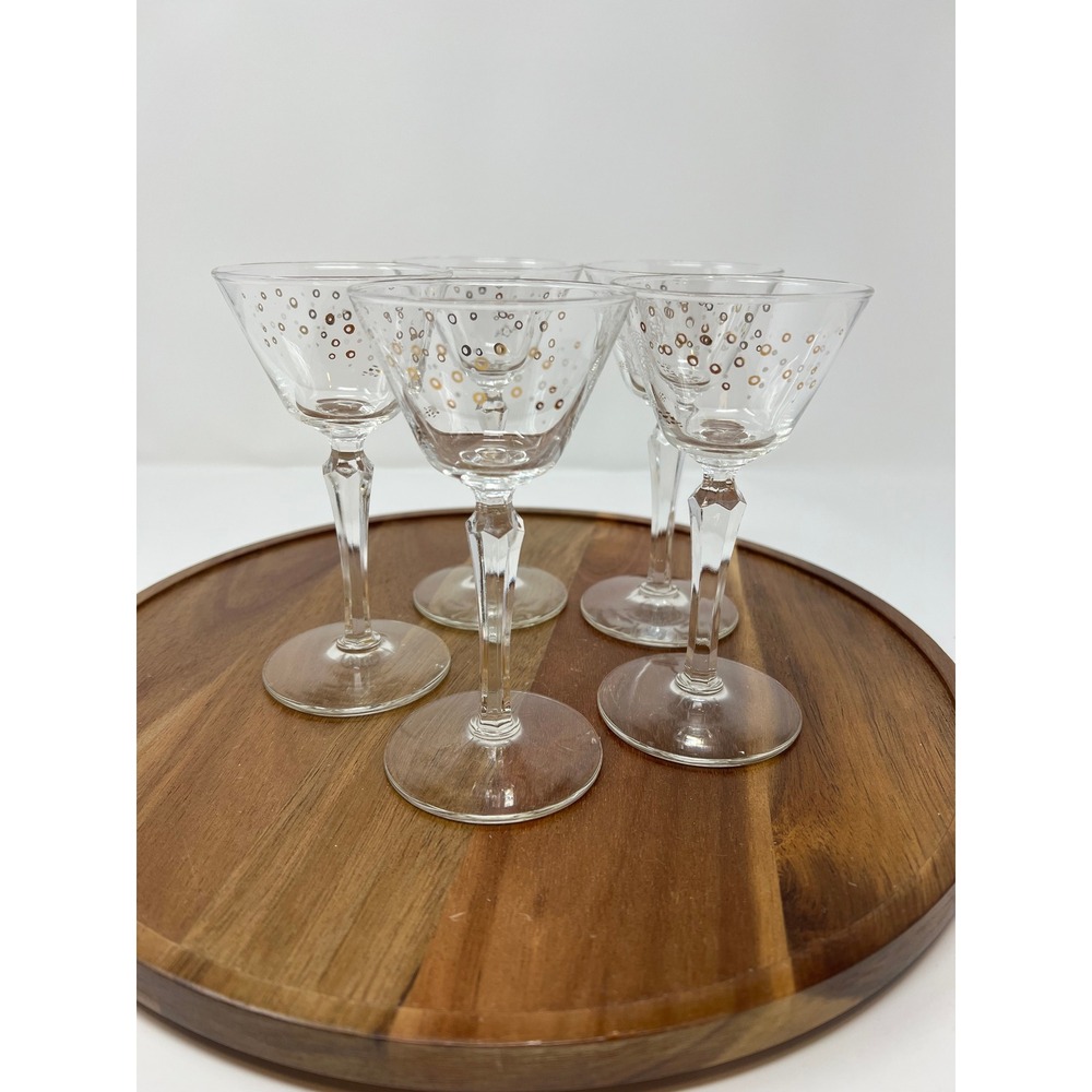 Set of 5 Vintage Cocktail Glasses Gold Speckled Rooster Design